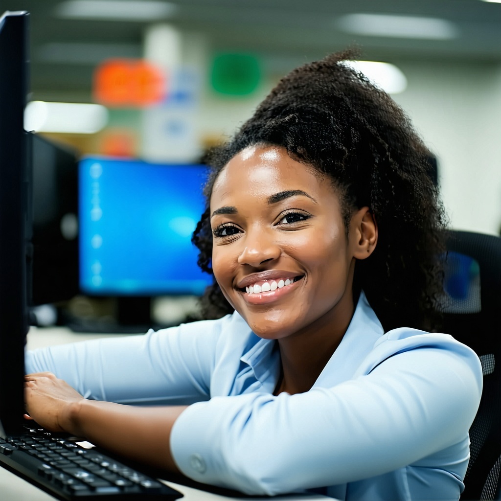 single female worker in front computer looking relieved and celebratory over independence conservative tone limited view of arms