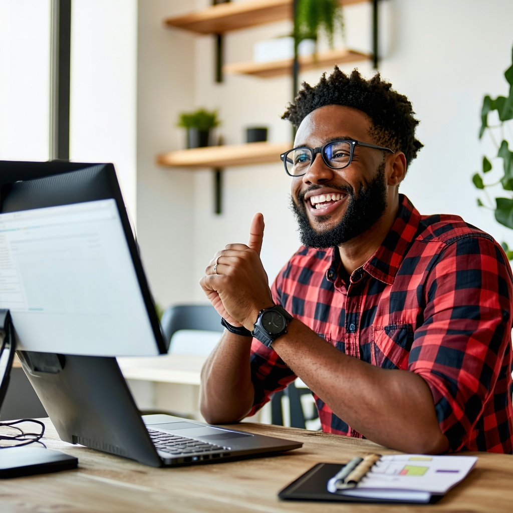 single worker in front of computer or laptop looking relieved celebratory